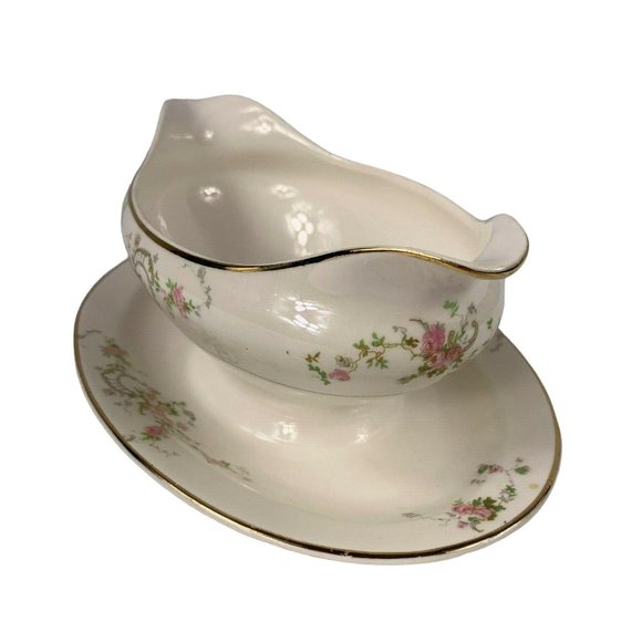 Pope Gosser Gwendolyn Gravy Boat Underplate Pink Roses Gray Scrolls Vintage - Picture 3 of 12